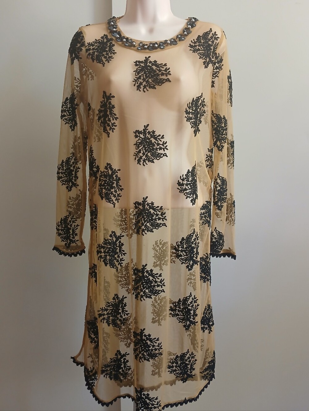 Zara Trafaluc Sheer Mesh Tunic Dress Beige Black Embroidered Beaded Neck Size M